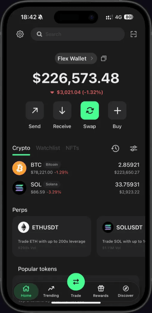 GhostCrypto app — trading screen with perps and popular tokens